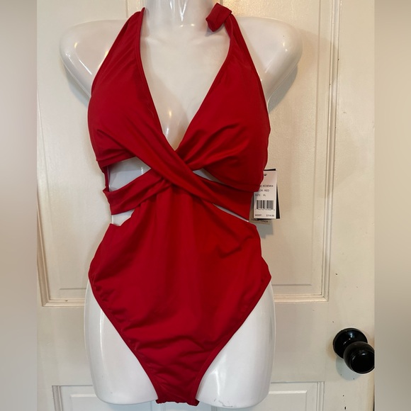 NWT Kenneth Cole Red Tummy  Toner Cut Out One Piece Swimsuit Size XL Slimming - Picture 4 of 9